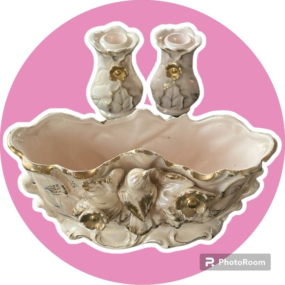 Vintage planter and candlestick holder pink with gold trimming. - Picture 1 of 16